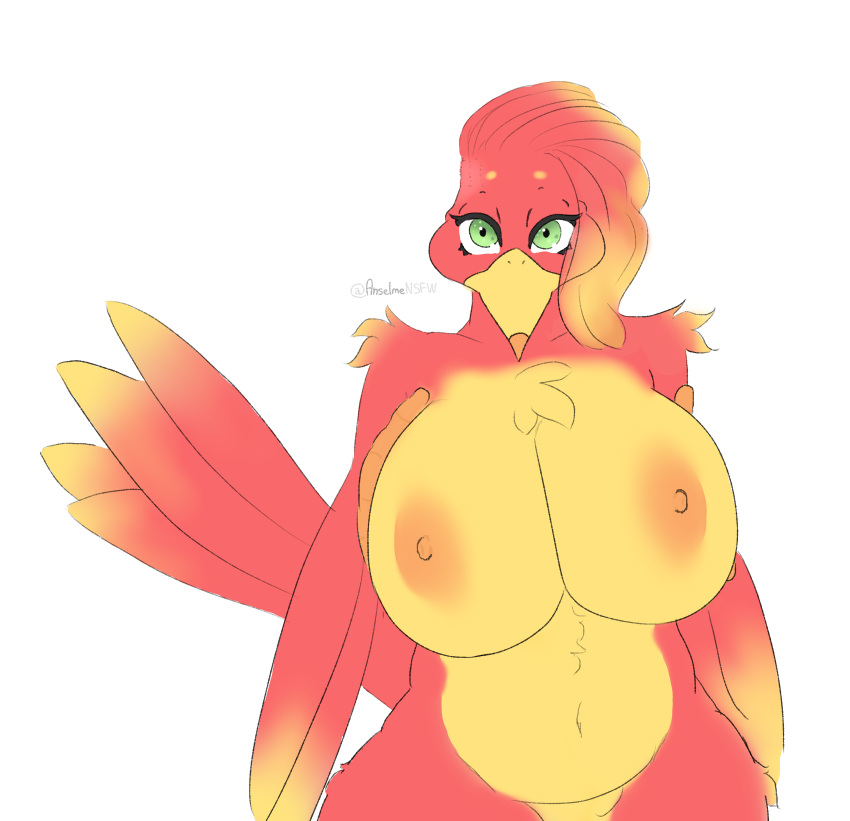 absurd_res anselme anthro anthrofied avian banjo-kazooie beak big_breasts bird black_eyelashes breasts breegull curvy_figure digital_media_(artwork) feathers female flat_colors front_view hi_res holding_breast huge_breasts kazooie lying nipples non-mammal_breasts nude on_front orange_body orange_feathers presenting presenting_breasts rareware red_body red_feathers simple_background solo tail_feathers video_games voluptuous white_background wide_hips yellow_beak yellow_body yellow_feathers