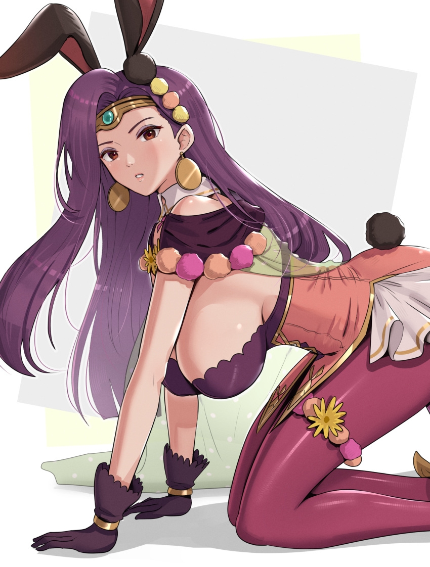 all_fours brown_eyes bunny_ears bunnysuit fire_emblem fire_emblem_echoes:_shadows_of_valentia fire_emblem_heroes gonzarez looking_at_viewer purple_hair side_view sideboob sonya_(fire_emblem) sonya_(spring)_(fire_emblem) thick_thighs