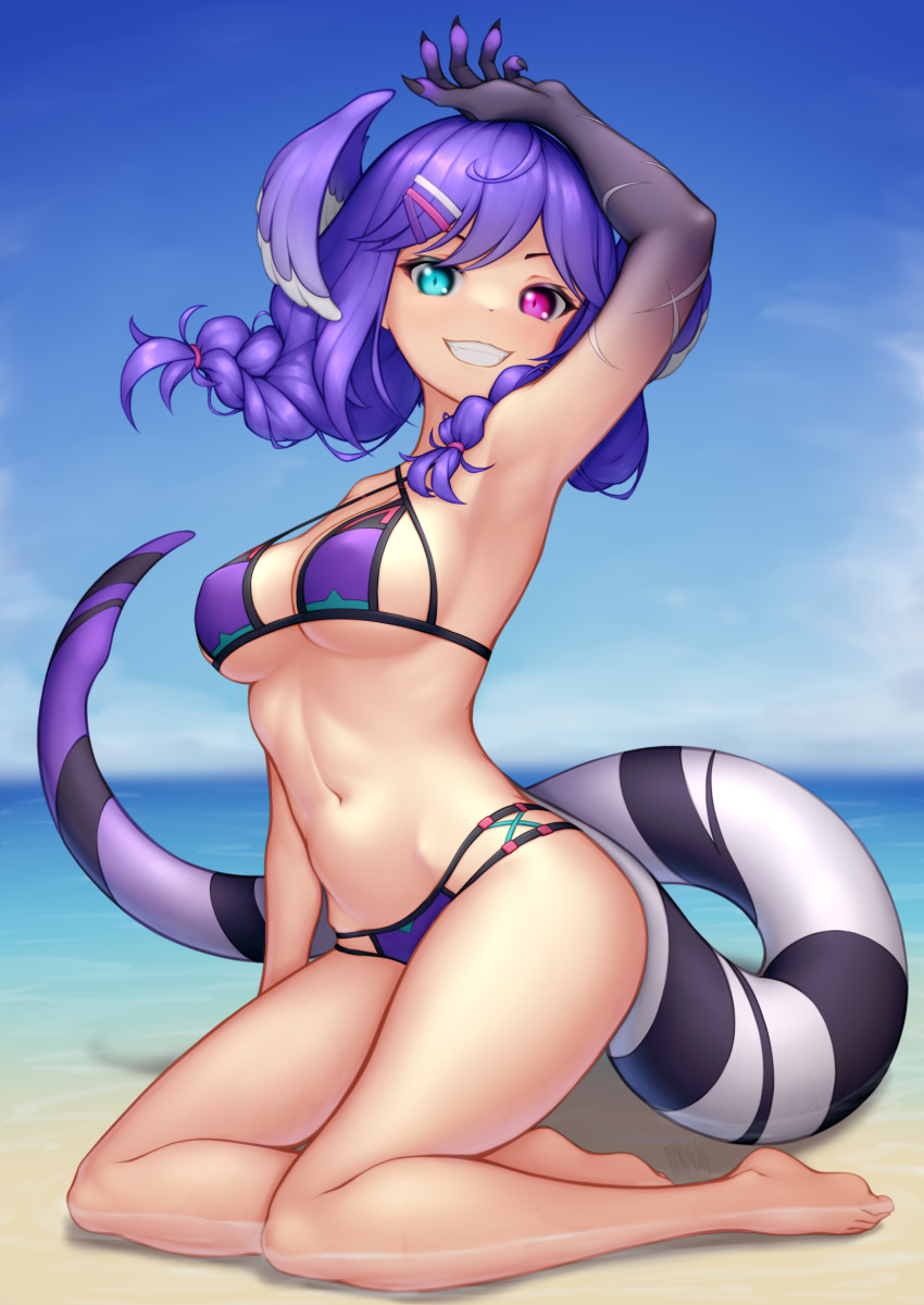 1girls armpits barefoot beach belly belly_button bikini dragon_girl dragon_tail heterochromia nijisanji nijisanji_en nitrus14 purple_hair selen_tatsuki tail virtual_youtuber