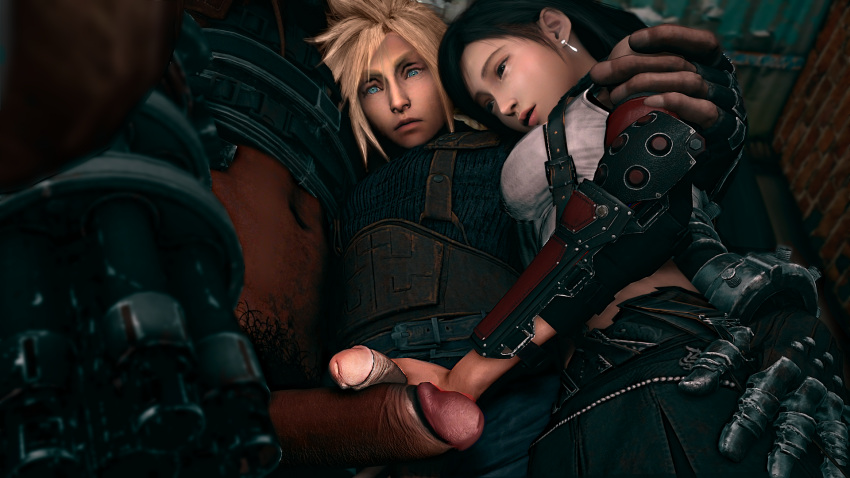 1girls 2boys 3d barret_wallace big_penis bisexual bisexual_male cloud_strife dark-skinned_male dark_skin de_sabe female_supporting_yaoi final_fantasy final_fantasy_vii final_fantasy_vii_remake frottage group group_sex interracial male multiple_boys size_comparison threesome tifa_lockhart uncensored yaoi