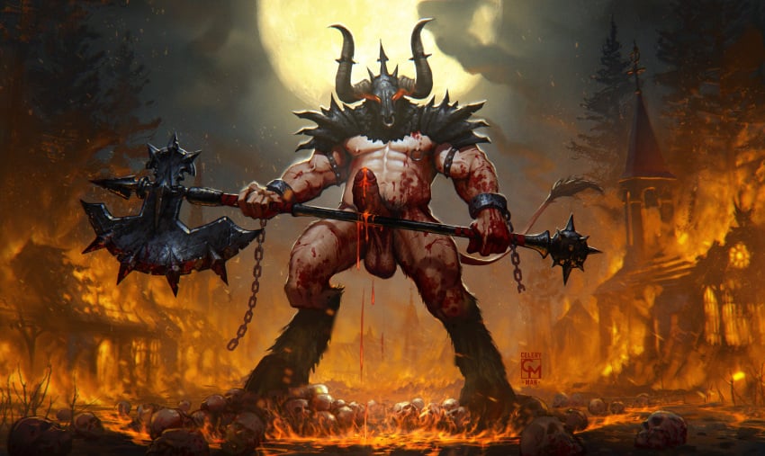 absurd_res armor axe balls bodily_fluids bone bovid bovine burning_building celery_man6 celeryman6 cum demon erection european_mythology fire genital_fluids genitals glowing glowing_eyes greek_mythology headgear helmet hi_res lava lava_cum looking_at_viewer male male_only mammal melee_weapon minotaur moon muscular muscular_male mythology nipple_piercing nipple_ring nipples penis piercing pubes skull solo solo_male unusual_bodily_fluids unusual_cum unusual_genital_fluids weapon