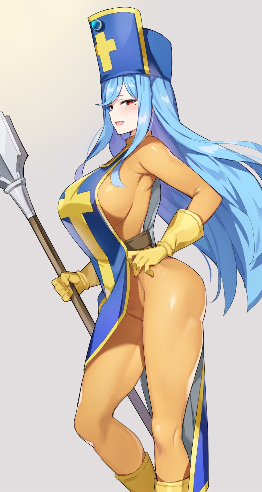 1girls 2021 absurd_res belt blue_hair bodysuit boots breasts clothing dragon_quest dragon_quest_iii female female_only gloves grey_background hand_on_hip hat highres holding_mace holding_polearm holding_weapon jewelry large_breasts long_hair mace mitre mole mole_under_eye open_mouth orange_bodysuit polearm priest_(dq3) red_eyes serin199 simple_background skin_tight smile solo standing tabard teeth thick_thighs thighs tongue weapon yellow_gloves