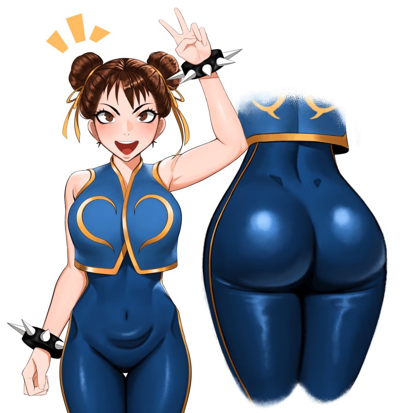 1girls 2022 ass ass_focus belly blush blush_lines bodysuit breasts brown_eyes brown_hair chun-li covered_navel covered_nipples double_bun female female_focus female_only hair_bun hair_buns hairbun hairbuns kevbot looking_at_viewer navel open_mouth pants peace_sign simple_background solo solo_female street_fighter street_fighter_v thick_thighs thighs tight_pants upper_teeth v v_sign white_background