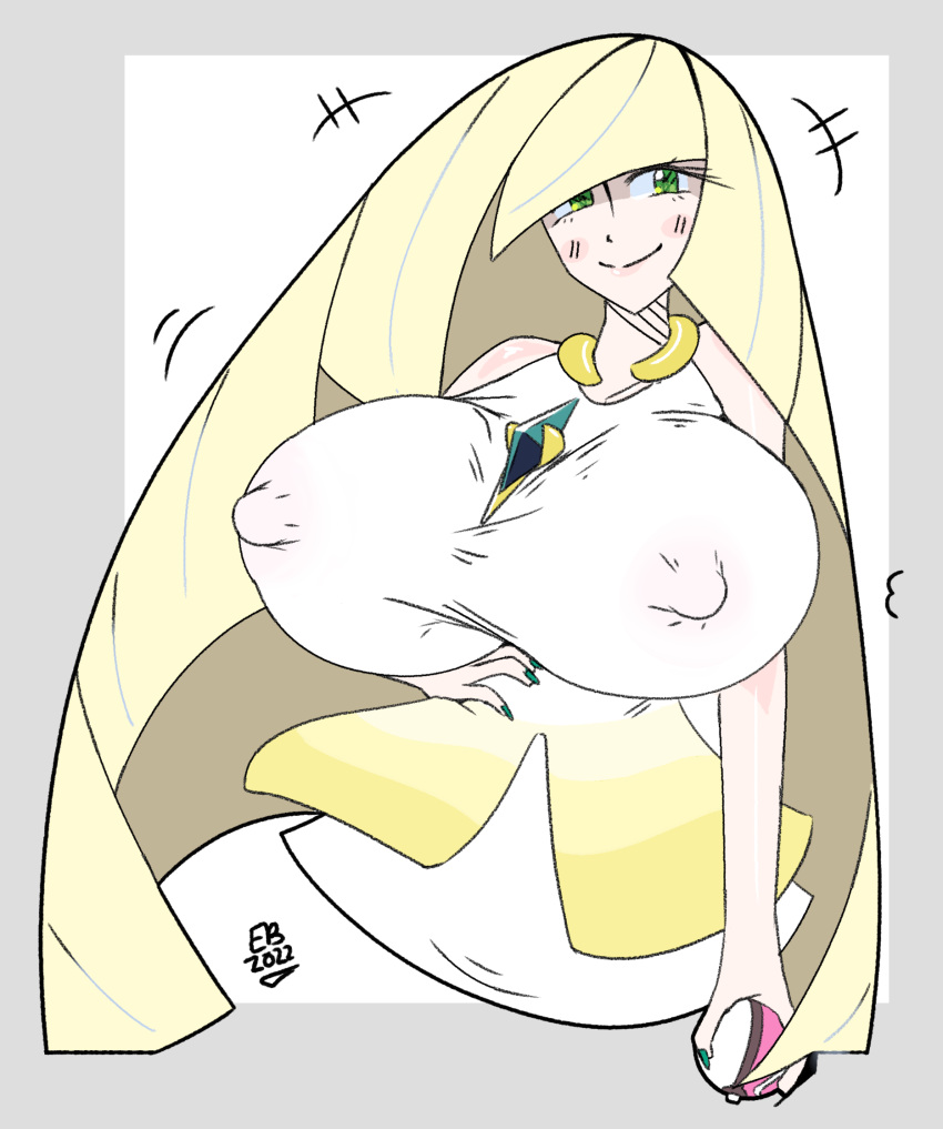 1girls alternate_breast_size big_breasts blonde_hair blush breast_expansion breasts curvy dress easybee female female_only game_freak green_eyes green_nail_polish green_nails hand_on_hip huge_breasts large_breasts light-skinned_female light_skin long_hair lusamine_(pokemon) mature_female milf mother nipple_bulge pokemon pokemon_sm smile solo solo_female white_dress wide_hips