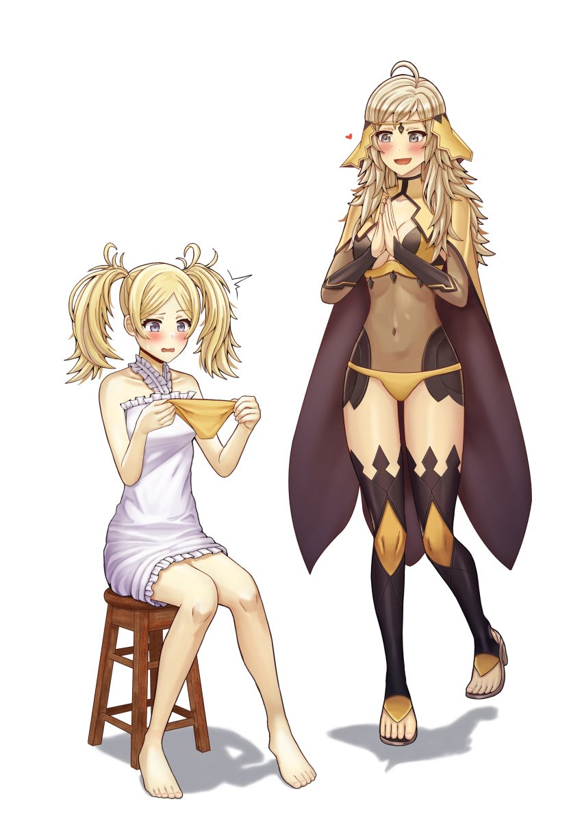 2girls :d absurdres ahoge asymmetrical_bangs bangs bare_legs bare_thighs barefoot blonde_hair blue_hair blush bodystocking breasts cape cleavage clenched_teeth confusion covered_navel dress embarrassed female female_only fire_emblem fire_emblem_awakening fire_emblem_fates gift grandmother_and_granddaughter grey_eyes happy highres lissa_(fire_emblem) long_hair medium_breasts medium_hair multiple_girls nightgown nintendo open_mouth ophelia_(fire_emblem) panties saikunartworks sandals sitting small_breasts stool sweatdrop thighhighs thighs turtleneck twintails unamused underwear white_background yellow_panties