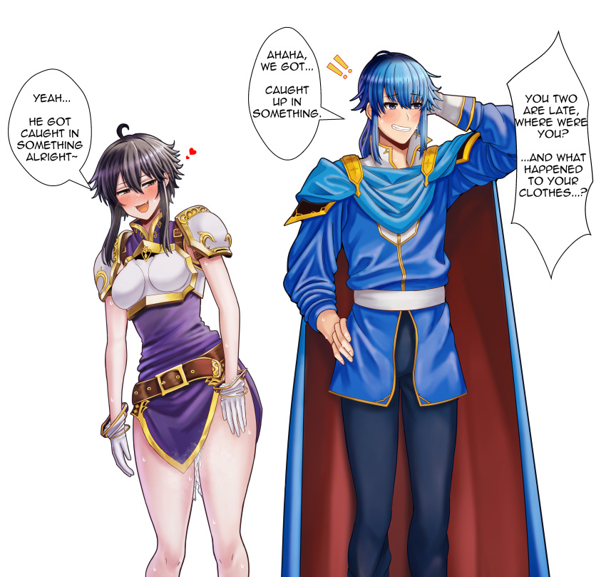 1boy 1girls after_sex cum cum_between_thighs cum_drip cum_in_glove cum_inside cum_leaking cum_leaking_down_leg cum_on_hand cum_on_leg cum_on_thighs cum_wearing english_text female fire_emblem fire_emblem:_genealogy_of_the_holy_war gloves larcei_(fire_emblem) male nintendo open_mouth saikunartworks seliph_(fire_emblem) seliph_baldos_chalphy smile smug straight text white_background