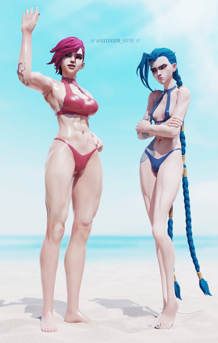 2girls 3d 3d_(artwork) abs absurd_res alternate_version_available arcane arcane_jinx arcane_vi athletic_female bare_arms bare_legs bare_midriff bare_shoulders bare_thighs barefoot beach big_breasts bikini bikini_bottom bikini_top blue_hair blue_toenails braid braided_hair breast_envy cameltoe female female_focus female_only fit_female flat_chest flat_chested human iidssm_sfm jinx_(league_of_legends) large_breasts league_of_legends looking_at_breasts midriff muscular_arms muscular_female muscular_thighs painted_nails painted_toenails pale_skin pink_hair riot_games shiny_skin short_hair sisters small_breasts swimwear tattoo toned_female twin_braids twintails very_long_hair vi