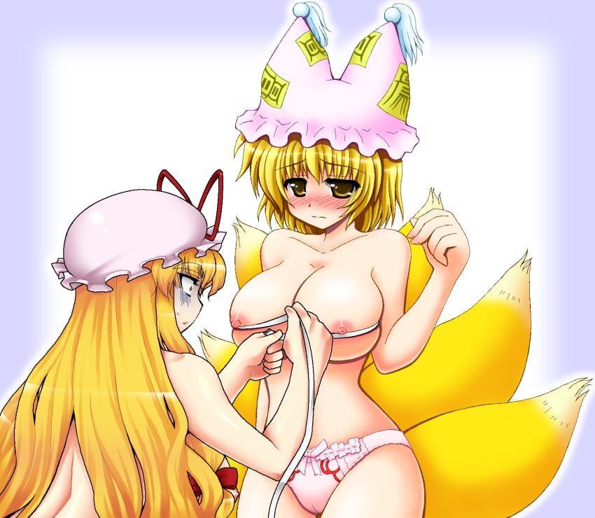 2girls areola areolae barely_clothed big_breasts blonde_hair blush bow bow_panties breast_envy breasts bust_measuring busty color colored commentary_request duo duo_focus eyebrows_visible_through_hair female_only highres large_breasts light-skinned light-skinned_female light_skin long_hair looking_at_breasts measuring measuring_breasts measuring_tape multiple_females multiple_girls multiple_tails nagana_sayui namidame nipples only_female panties pink_panties ran_yakumo tail tape_measure team_shanghai_alice topless topless_female touhou underwear underwear_only yellow_hair yukari_yakumo