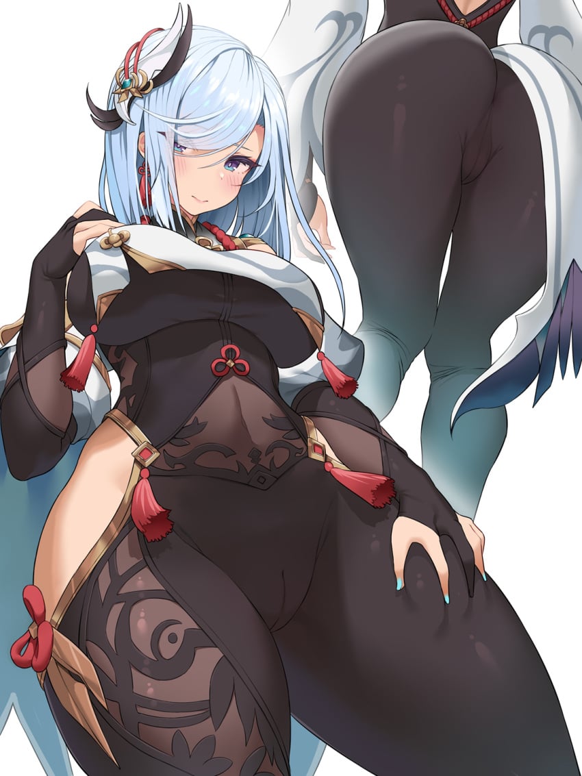 1girls ariso_kaoru ass big_ass big_breasts big_butt blue_eyes butt cameltoe curvy curvy_figure female female_only fully_clothed genshin_impact hair_ornament hand_on_thigh large_breasts shenhe_(genshin_impact) solo solo_female thick thick_ass thick_thighs thighs tight_clothing voluptuous white_hair