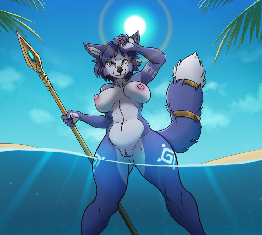 abs anthro beach black_nose blue_body blue_eyes blue_fur blue_hair blue_tail bottomwear breasts canid canine clothed clothing clothing_lift female fingers fox fur furry furry_only hair hi_res holding_object krystal loincloth looking_at_viewer low-angle_view mammal michisamael naked navel nintendo nude partially_submerged pose pussy seaside simple_background solo spread_legs spreading standing star_fox tail video_games water