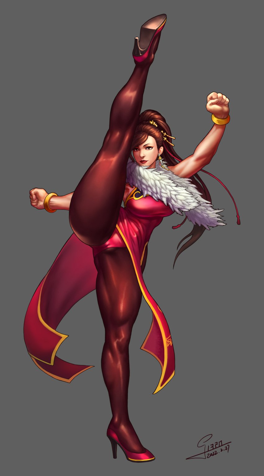 1girls brown_hair cameltoe capcom chinese_clothes chun-li female female_only full_body fur_scarf grey_background heels leg_up long_hair looking_at_viewer muscular_thighs pantyhose ponytail solo solo_female splits standing_split street_fighter thick_thighs very_high_resolution xxx1320