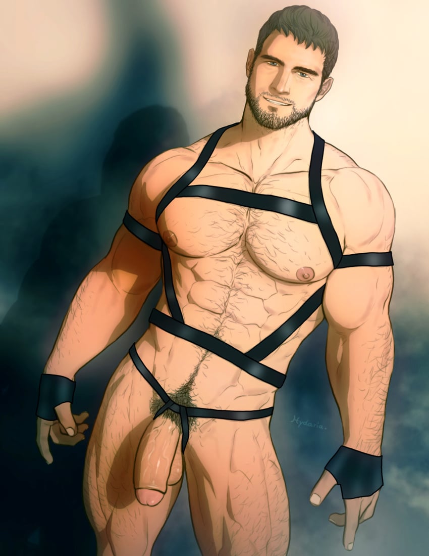 1boy abs bara beard body_hair brown_hair chest_hair chris_redfield gay hairy hairy_chest hairy_legs hairy_male huge_cock hydaria looking_at_viewer male male_only muscles muscular muscular_male resident_evil skimpy skimpy_armor smiling_at_viewer solo solo_focus solo_male useless_clothing