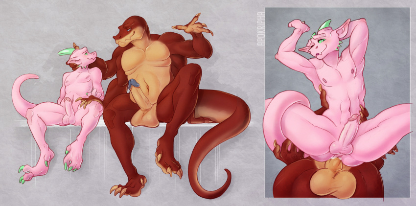 anthro apokripha balls bara barazoku crius duo gay genitals hi_res humanoid_genitalia humanoid_penis kobold male male/male male_only multi_arm multi_limb multi_pec muscular nipples penetration penis reptile scalie sex size_difference snake