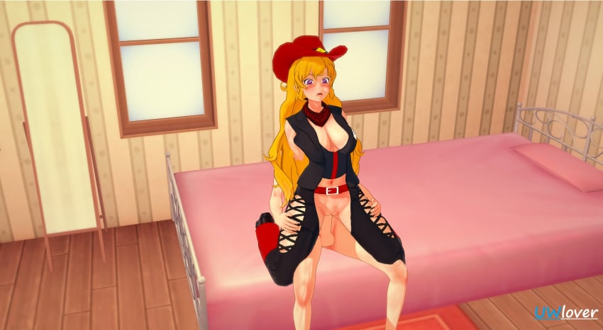 1boy 1girls 3d alternate_costume bed belt big_breasts blonde_hair blush cowboy_hat cowboy_outfit cowgirl_position faceless_male gloves hat heart-shaped_pupils koikatsu long_hair open_mouth penetration reverse_cowgirl_position rwby scarf sex sitting_on_bed tongue_out uwlover vaginal_penetration watermark window yang_xiao_long