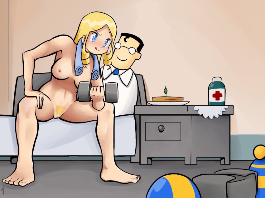 barefoot beige_skin blonde_hair blue_eyes breasts closed_mouth clothes color dumbbell eyewear female food front_view glasses hair heavy_weapons_guy human indoors jopereira male medic medic_(team_fortress_2) nude open_eyes pubic_hair pussy round_ears rule_63 sandwich sitting smile team_fortress_2 towel vulva weightlifting weights