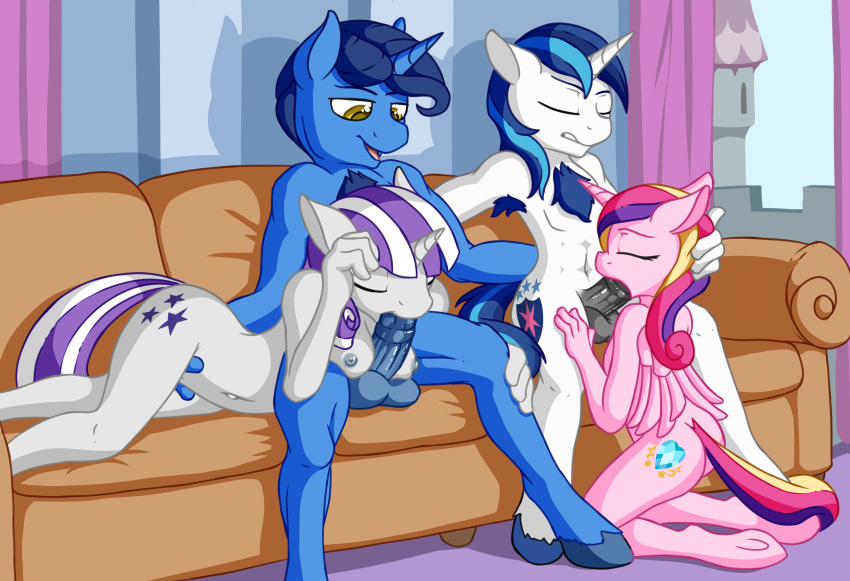 2015 alicorn animal_genitalia anthro anthrofied balls blue_hair closed_eyes crescent_(mlp) cutie_mark drapes equine father fearingfun female fetlocks friendship_is_magic group hair hand_on_head hi_res hooves horn horsecock inside kneeling long_hair male mammal mother multicolored_hair my_little_pony night_light_(mlp) nude open_mouth parent penis princess_cadance_(mlp) saliva shining_armor_(mlp) sitting sofa son straight twilight_velvet_(mlp) two_tone_hair unicorn wings