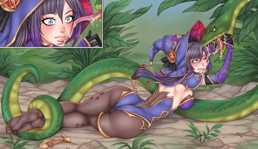 blue_eyes blush clothing coiling female female_prey feral_pred genshin_impact imminent_death linart mihoyo mona_(genshin_impact) no_shoes oral_vore pantyhose purple_hair snake snke_pred vore witch
