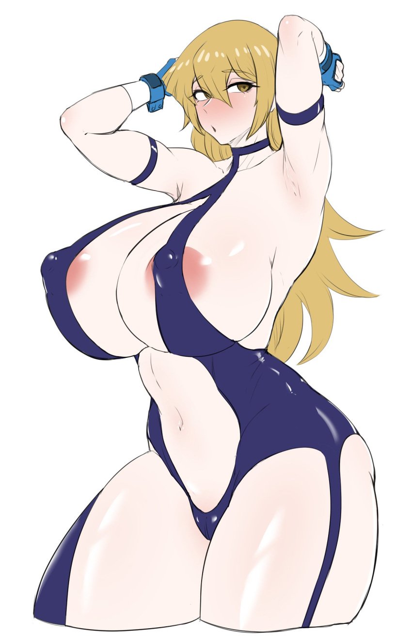 alexis_rhodes areola_slip areolae arms_up big_breasts blonde_hair blush choker cleavage curvy exabyte female huge_breasts long_hair midriff pale-skinned_female pale_skin parallax05 tenjouin_asuka thick_thighs yu-gi-oh! yu-gi-oh!_gx