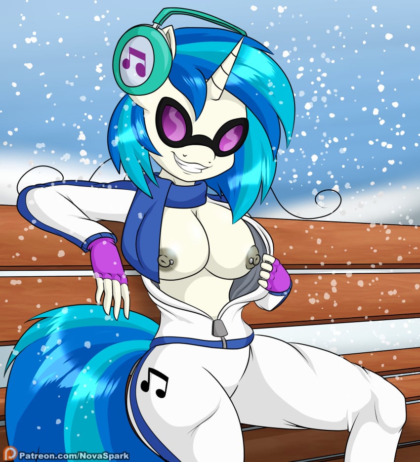 5_fingers anthro anthrofied bench blue_hair blue_tail breasts clothing equid equine exposed_breasts eyewear female fingerless_gloves fingers friendship_is_magic glasses gloves grin hair handwear hasbro headphones hi_res horn looking_at_viewer mammal my_little_pony nipple_piercing nipples novaspark patreon piercing purple-tinted_eyewear scarf signature sitting smile snow snowing solo sunglasses tinted_eyewear undressing unicorn vinyl_scratch_(mlp) wearing_sunglasses white_body zipper