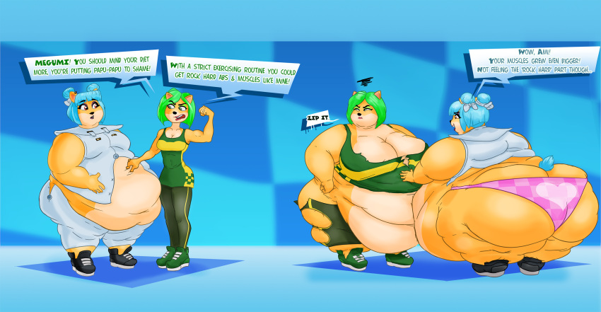 2anthro 2girls ami_bandicoot ami_bandicot angry anthro bandicoot belly belly_pinch big_ass big_breasts big_butt black_shoes blue_background blue_hair blue_tail blue_text bursting_clothes crash_(series) crash_bandicoot_(series) crash_team_racing_nitro-fueled dialogue exposed_panties female female_anthro female_only furry green_eyes green_eyeshadow green_hair green_shoes green_tank_top green_text hair_ribbon hair_ribbons huge_ass hyper_ass megumi_bandicoot mocking obese obese_anthro obese_female overweight overweight_anthro overweight_female panties pink_panties red_eyes sequence speech_bubble tail tank_top tennis_shoes thick_thighs torn_clothes torn_pants torn_shorts torn_tank_top two_panel_image weight_gain white_outfit