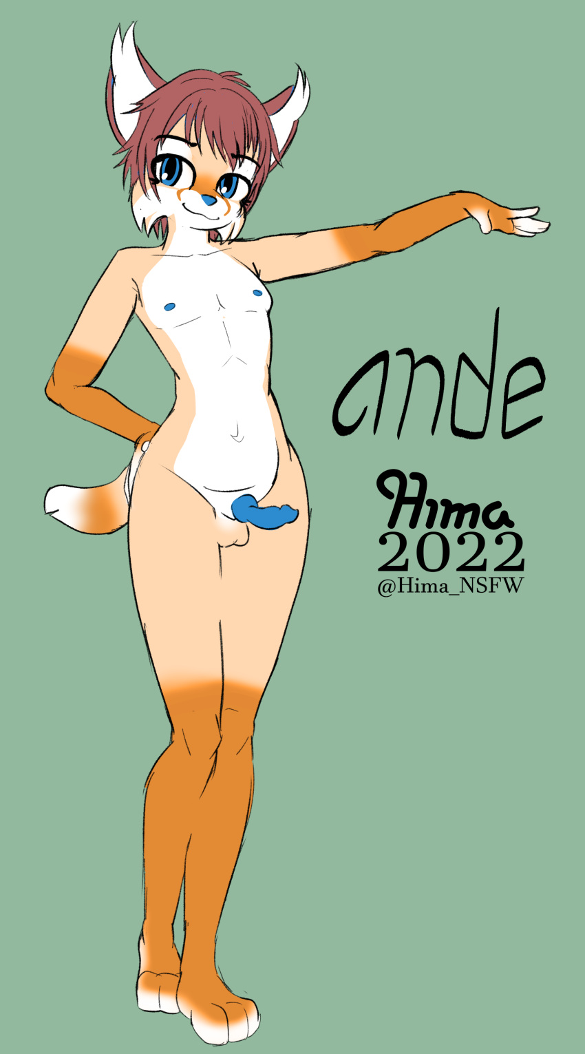 absurd_res ande_(hima_nsfw) anthro blue_nipples blue_nose blue_penis canid canine felid feline fox fur genitals hi_res hima_nsfw hybrid lynx male mammal nipples orange_body orange_fur penis raised_hand solo tan_body tan_fur tuft watermark