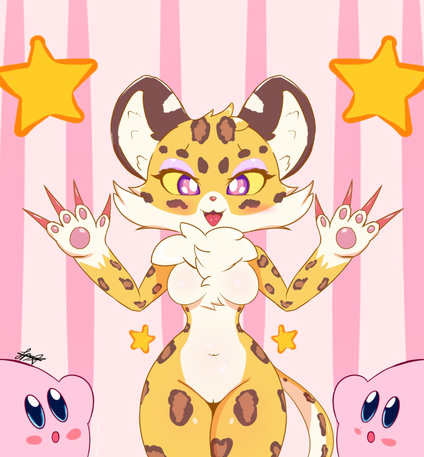 ambiguous_gender anthro blush breasts cameltoe clawroline claws felid female fluffy_ears genitals group happy hi_res kirby kirby_(series) kirby_and_the_forgotten_land leopard long_claws male male/female mammal navel neck_tuft nintendo nintendo_switch pantherine pixyfox23 pussy simple_background smile solo tuft video_games