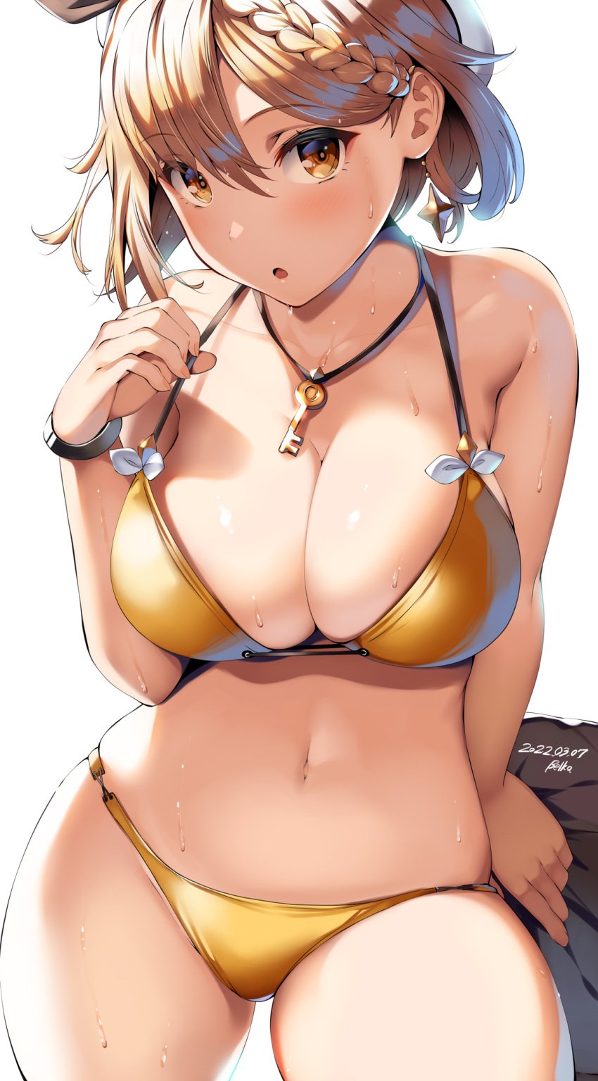 1girls 2022 :o artist_signature atelier_(series) atelier_ryza atelier_ryza_2 belko bikini breasts brown_eyes brown_hair cleavage female female_only hi_res hips huge_breasts key_necklace looking_at_viewer necklace reisalin_stout short_hair simple_background slim_waist thick_thighs thighs white_background wide_hips yellow_bikini