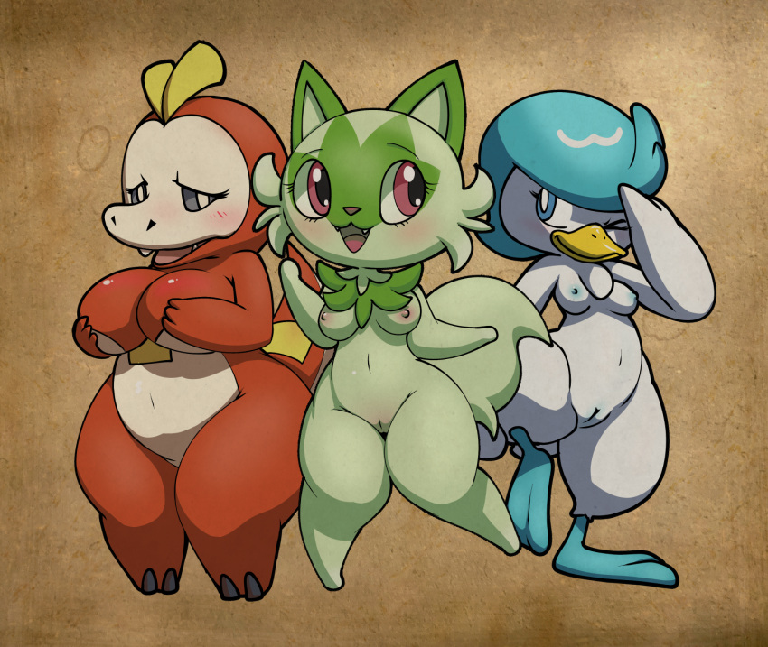 2022 3girls anthro avian big_breasts bird breasts duck feathers felid feline felis female female_only fuecoco fur furry hi_res lkiws mammal naked nintendo nipples nude pokémon_(species) pokemon pokemon_sv pussy quaxly reptile scalie short_hair shortstack solo sprigatito tail thick_thighs wings