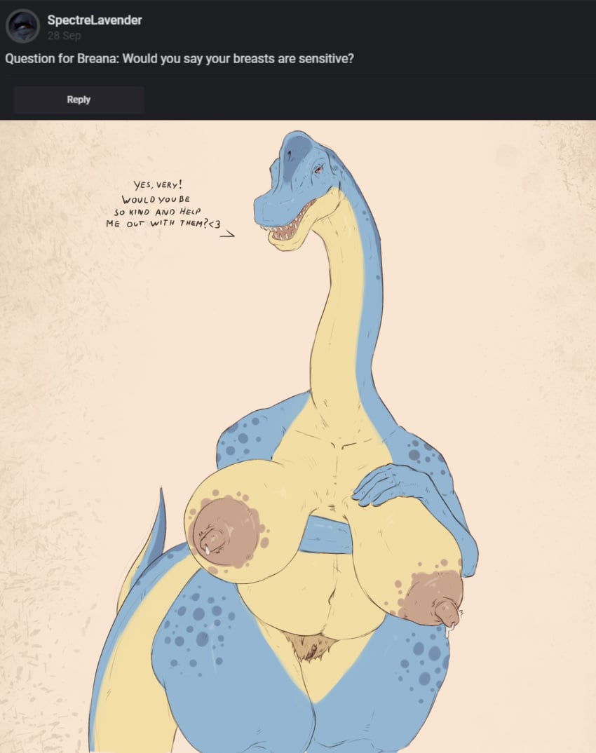 2021 anthro areola big_breasts blue_body blue_scales brachiosaurid brachiosaurus breana_(upai) breasts curvy_figure dialogue dinosaur english_text erect_nipples female genitals hand_on_breast hi_res long_neck mature_female nipples non-mammal_breasts non-mammal_nipples nude portrait puffy_nipples pussy reptile sagging_breasts sauropod scales scalie slightly_chubby solo spots text three-quarter_portrait upai