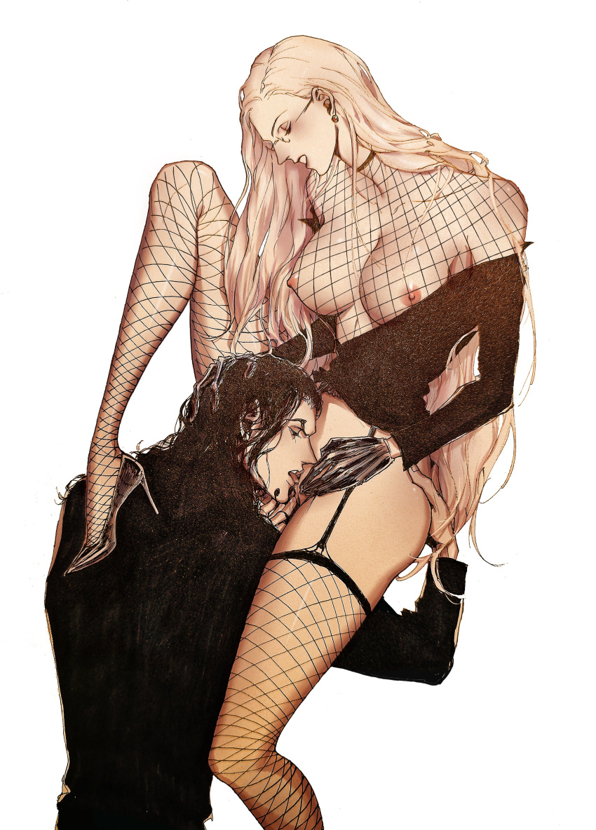 1boy 1boy1girl 1girls black_hair blonde_hair breasts cunnilingus facial_hair female fishnet_legwear fishnet_shirt glasses high_heels kalifa long_hair male nipples one_piece pussy rob_lucci sensual smdsqi suit white_background