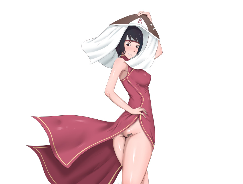 areolae ass barcode barcode_tattoo black_eyes black_hair boruto:_naruto_next_generations breasts dress dress_lift female female_only forehead_protector hand_on_hip hat kurotsuchi looking_at_viewer looking_back naruto naruto_shippuden no_panties no_underwear posing seisen smile standing white_background wind_lift