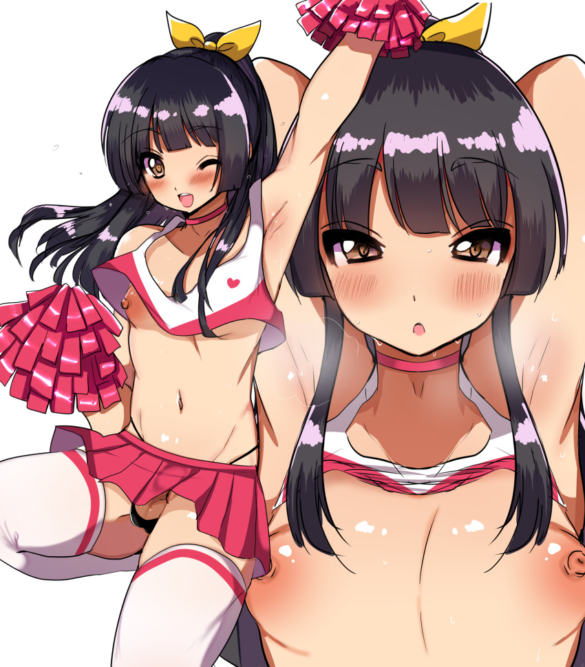 1boy :o ;d absurdres areolae arm_up armpits arms_up bangs blush bow breasts brown_hair cheerleader cosplay cosplay_request crop_top femboy flaccid girly hairbow high_ponytail highres long_hair looking_at_viewer miniskirt multiple_views nipples odaosamu one_eye_closed original penis pink_skirt pom_pom_(cheerleading) sidelocks skirt small_breasts smile solo testicles thighhighs trap white_legwear