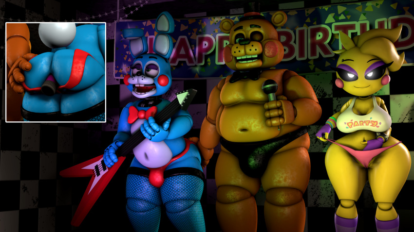 3d ass_grab butt_grab buttplug female five_nights_at_freddy's five_nights_at_freddy's_2 gay lewdporter male male_focus sex_toy stage thong toy_bonnie_(fnaf) toy_chica_(eroticphobia) toy_chica_(fnaf) toy_freddy_(fnaf)