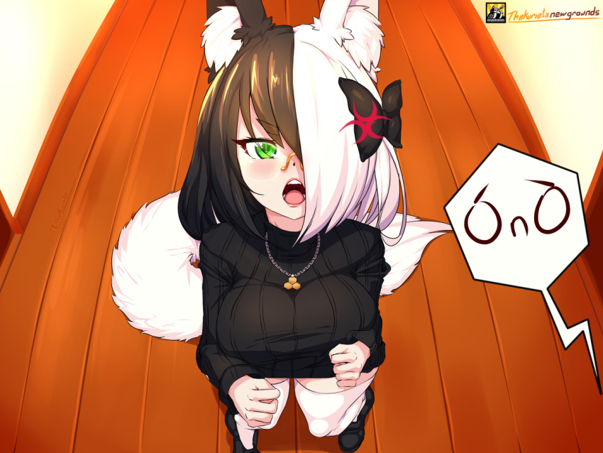 :( aisle annoyed big_breasts black_bow black_hair black_sneakers breasts cat_ears cat_girl cat_humanoid cat_tail catgirl cute_face dears embarrassed feline female female_focus glasses looking_at_viewer looking_up pointy_chin the_kurieta thick_thighs thighhighs thighs twitch twitter virtual_youtuber white_hair white_socks youtube youtube_hispanic