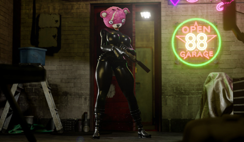 3d boobs_and_butt_pose breasts cuddle_team_leader fortnite fortnite:_battle_royale full_body garage garage_background gun holding_object latex latex_armwear latex_bodysuit latex_boots latex_clothing latex_gloves latex_legwear latex_stockings latex_suit latex_thighhighs meatroza pink_eyes pink_fur pink_hair pistol standing suppressor