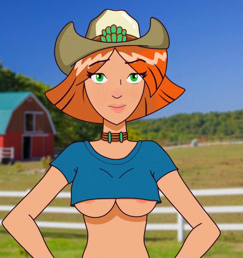 breasts choker clover_(totally_spies) cowboy_hat crop_top farm farmer farmgirl ginger green_eyes orange_hair pointy_chin ranch_girl short_hair totally_spies underboob