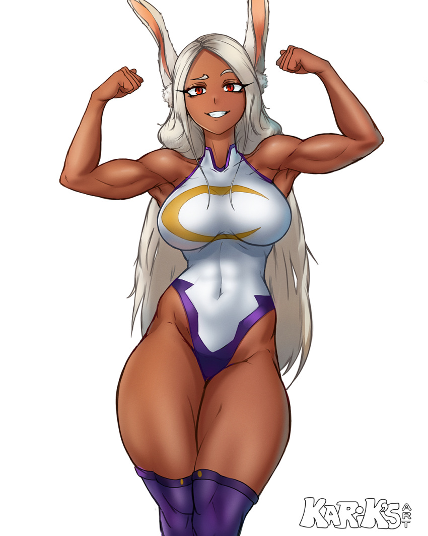 1girls big_breasts breasts bunny_ears bunny_girl color colored curvy dark-skinned_female dark_skin eye_contact female female_focus female_only flexing flexing_arms flexing_bicep flexing_both_biceps front_view fully_clothed kariksart large_breasts leotard long_hair looking_at_viewer miruko muscular muscular_female my_hero_academia only_female red_eyes rumi_usagiyama simple_background smile smiling smiling_at_viewer solid_color_background solo solo_female tagme thick_thighs thighhighs thighs toned toned_female voluptuous white_background white_hair