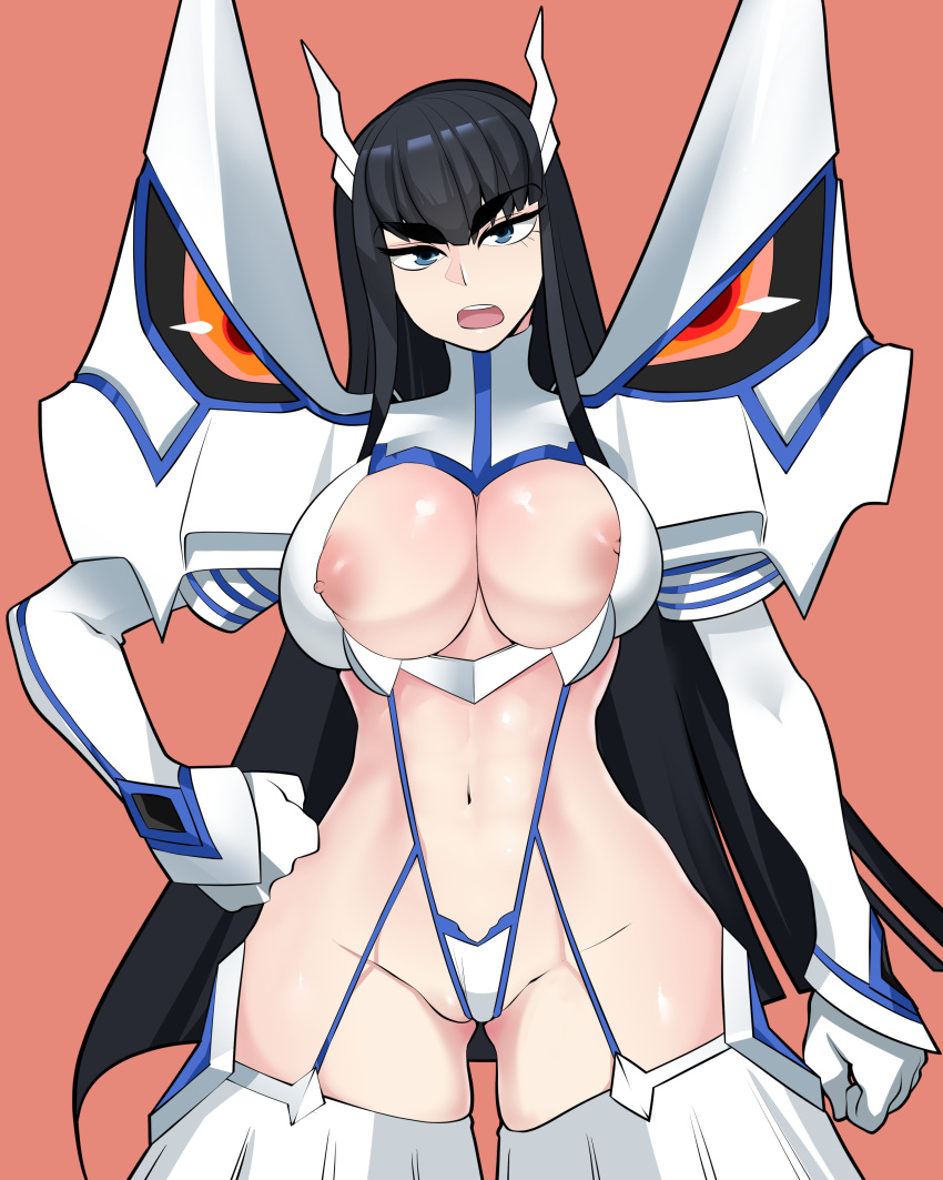 abs absurdres areolae asha black_hair blue_eyes cleavage_cutout clenched_hands clothing_cutout eyebrows_visible_through_hair eyelashes female hand_on_hip highres junketsu kill_la_kill kiryuuin_satsuki long_eyelashes long_hair navel nipple_slip nipples open_mouth orange_background schector_(asha000253) shiny shiny_skin simple_background skindentation solo teeth turtleneck upper_teeth