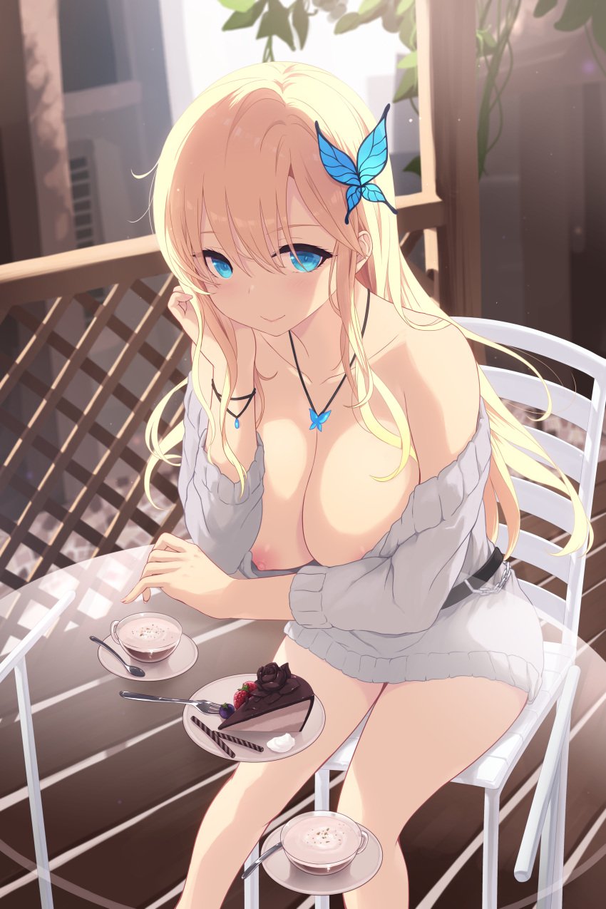 blonde_hair blue_eyes boku_wa_tomodachi_ga_sukunai breasts cait cake dessert exhibitionism female large_breasts long_hair looking_at_viewer nipples sena_kashiwazaki sitting solo table