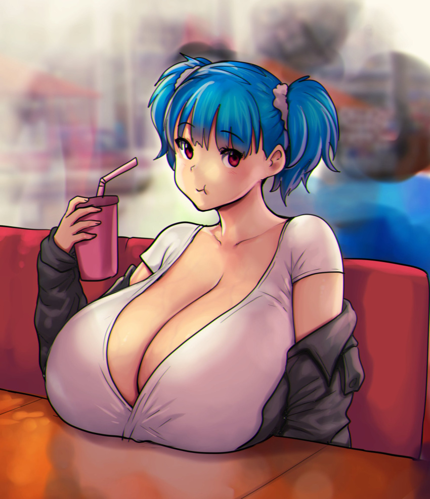 bangs black_jacket blue_hair breast_rest breasts breasts_bigger_than_head breasts_on_table busty cheek_bulge cleavage collarbone cup dark_blue_hair diner drink drinking_straw eating errorkazoo eyebrows_visible_through_hair female head_tilt highres holding holding_cup huge_breasts jacket long_cleavage looking_at_viewer massive_breasts munching off_shoulder original original_character pout pouting red_eyes rina_atherina rina_atherina_(errorkazoo) shirt short_hair short_sleeves short_twintails sitting small_but_busty smile solo straw twintails veiny_breasts white_blouse white_shirt