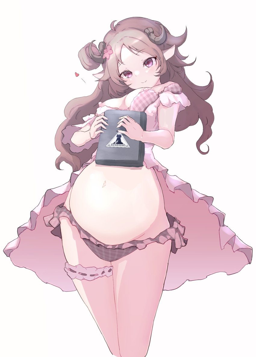 1girls animal_ears areolae arknights belly big_breasts bloated_belly bra breasts breasts_out brown_hair ear exposed_breasts eyjafjalla_(arknights) eyjafjalla_(summer_flowers)_(arknights) female female_only flower flower_in_hair heart highres holding holding_book legs long_hair looking_at_viewer looking_down navel nipples panties pink_eyes pink_swimsuit pregnant same_wada smile solo spoken_heart standing swimsuit thigh_strap underwear white_background