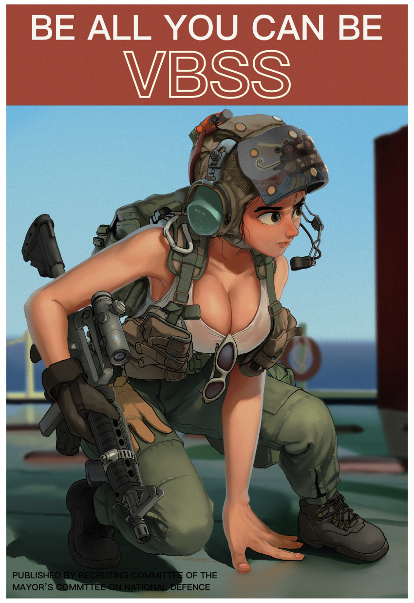 1girls breasts brown_eyes camouflage camouflage_pants cargo_pants cleavage female firearm footwear gun handwear headset helmet highres hose_clamp human kneeling large_breasts military military_uniform one_knee original pale_skin rifle rifleman rifleman1130 single_glove soldier solo tank_top thick_eyebrows weapon