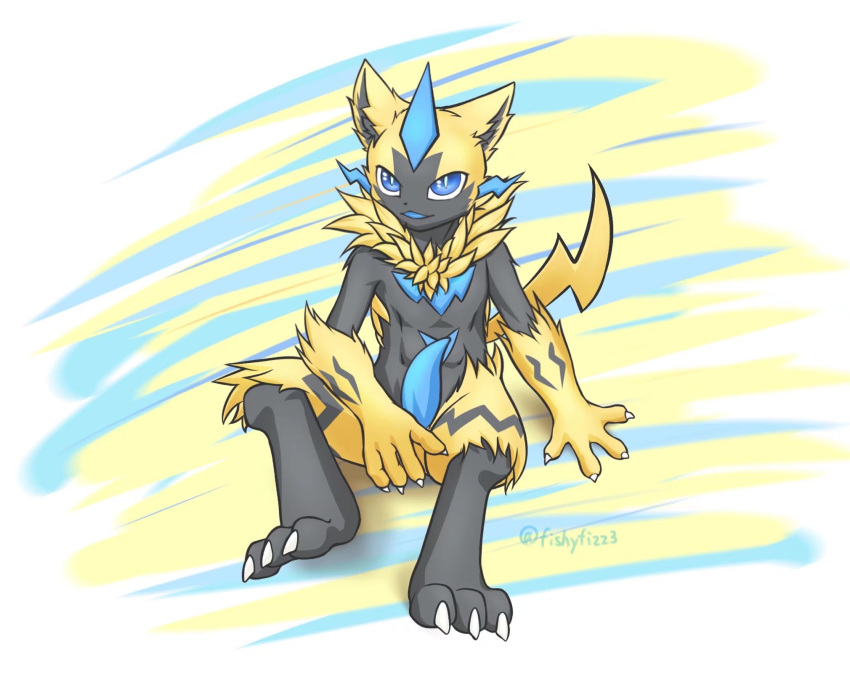 anthro black_body black_fur blue_eyes blue_penis claws digitigrade erection felid finger_claws fishy_fizz fur genitals hi_res legendary_pokémon male mammal nintendo nude open_mouth penis pokémon_(species) pokemon shaded simple_background sitting smile solo tapering_penis toe_claws video_games yellow_body yellow_fur zeraora