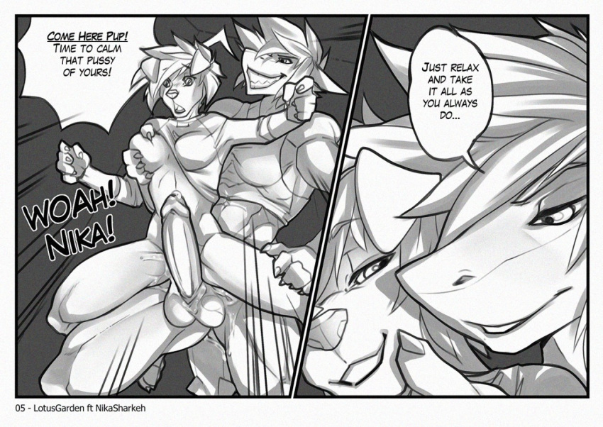 1futa 1girls 5_fingers abs anthro athletic athletic_anthro athletic_female big_penis bodily_fluids bottomless bra breast_grab breast_squeeze breast_squish breasts canid canine canis censored clawed_fingers clothed clothing clothing_lift comic dialogue digital_media_(artwork) domestic_dog duo english_text eyebrows featureless_breasts female femsub fin fingers fish floppy_ears from_behind_position front_view frori futa_on_female futadom futanari genital_fluids genitals grainy grey_background grin gynomorph gynomorph/female hair hand_on_breast holding_chin holding_partner huge_cock ineffective_censorship intersex intersex/female leg_grab lifting_partner lotusgarden mammal marine messy_hair monochrome mostly_nude motion_lines muscular_thighs nika_sharkeh no_nipples nude nude_female open_mouth partially_clothed penis precum precum_on_self pussy_juice pussy_juice_on_balls pussy_juice_on_penis sex shark sharp_teeth shirt shirt_lift short_hair simple_background smile sports_bra squish surprise t-shirt tail_fin teeth text thigh_grab tomboy topwear underwear yelling