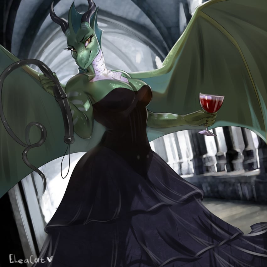 anthro black_clothing black_dress black_horn bondage clothing container cup dominant dominant_female dominatrix dominatrix dragon dress drinking_glass eleacat ethelshai female fin glass glass_container glass_cup gothic_architecture green_body green_scales head_fin hi_res horn looking_at_viewer membrane_(anatomy) membranous_wings scales solo whip white_body white_scales wine_glass wings