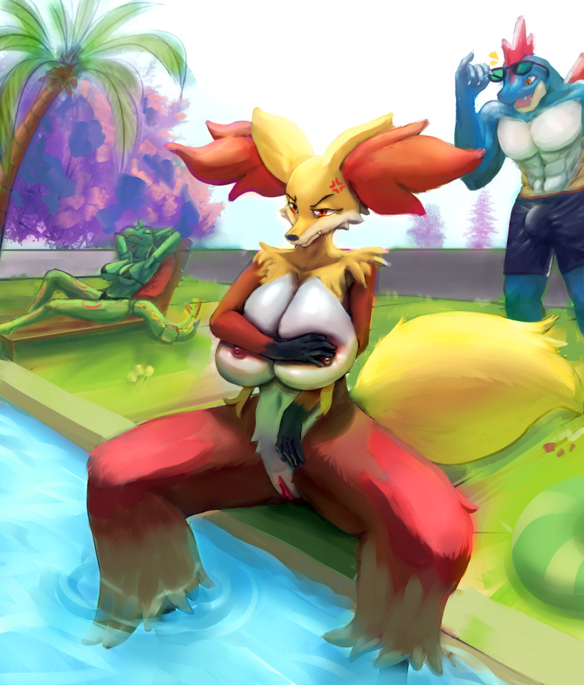 absurd_res angry anthro big_breasts bikini blue_body breasts clothing coconut_tree covering covering_breasts delphox eyewear female feraligatr fruit_tree fur genitals glasses green_body group hand_on_breast hi_res katazai legendary_pokémon lying multicolored_body multicolored_fur nintendo nipples palm_tree plant pokémon_(species) pokemon poolside pussy rayquaza red_body red_fur red_nipples sitting spikes swimming_pool swimming_trunks swimwear thick_thighs tree video_games yellow_body yellow_fur