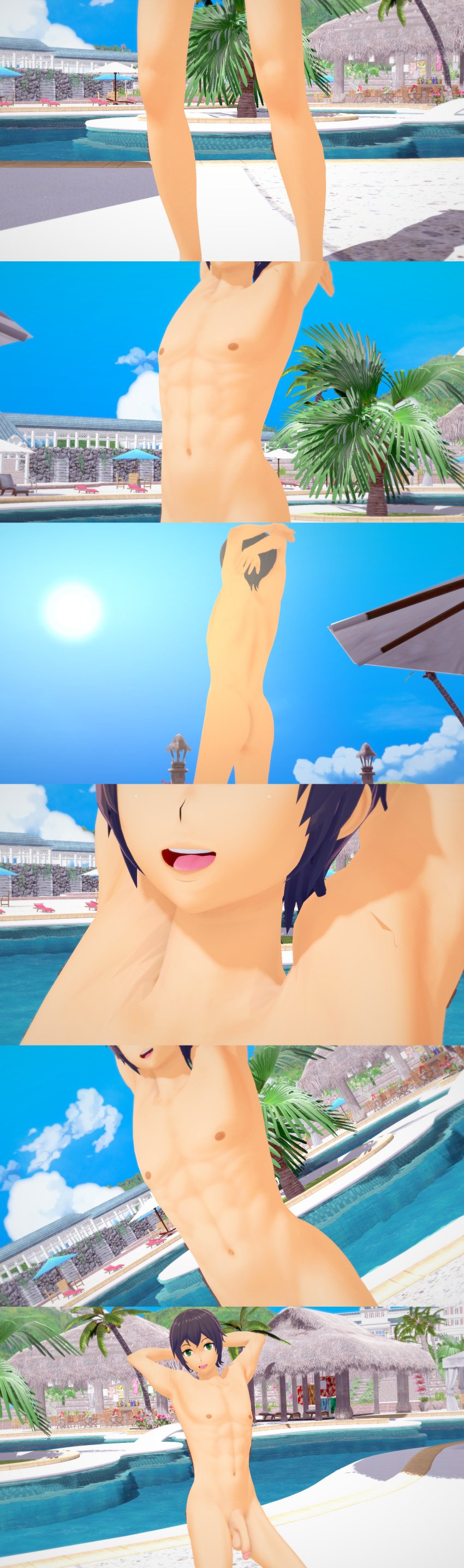 1boy 3d absurdres ass black_fur comic completely_nude exhibitionism gay green_eyes highres koikatsu looking_at_viewer muscular muscular_male navel nipples nude original original_character outdoors palm_tree penetration pool sky spicyautie stretching sun water yaoi