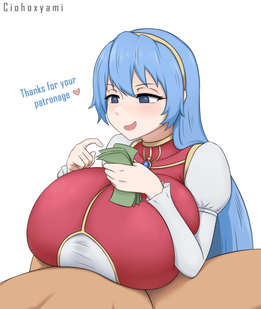 1boy banknote blue_eyes blue_hair blush breast_squeeze breasts ciohoxyami clothed_paizuri counting dress female female hairband huge_breasts large_breasts long_hair lufia male money open_mouth paizuri paizuri_under_clothes puffy_sleeves smirk smug tia very_long_hair