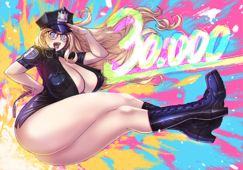 1girls black-framed_eyewear black-framed_glasses black_boots black_eyewear black_footwear black_glasses black_microskirt black_miniskirt black_shirt black_skirt black_uniform blonde_hair blue_eyes breasts bursting_breasts butcherboy colorful_background enormous_breasts female follower_celebration full_body glasses handcuffs hi_res high_boots high_resolution highres holding_handcuffs huge_breasts long_boots long_hair long_legs looking_at_viewer massive_breasts microskirt milestone_celebration miniskirt no_bra open_mouth original_character pixiv police police_hat police_uniform policewoman salute short_sleeved_shirt short_sleeves single_female smile smiling_at_viewer solo_female star-shaped_pupils symbol-shaped_pupils teeth tongue unbuttoned unbuttoned_shirt voluptuous woman