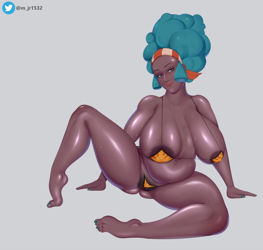 bikini breasts dark-skinned_female dark_skin full_body hairy_pussy lenora_(pokemon) m_jr_art milf milk naked nintendo pokemon pokemon_bw sagging_breasts squatting